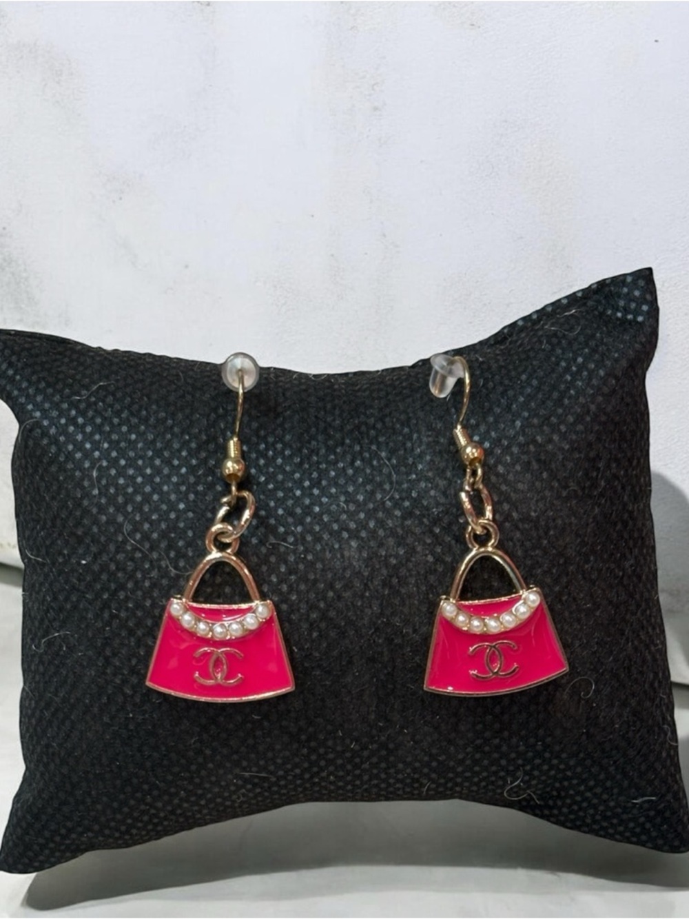 Upcycled Stamped Hot Pink Handbag Charm Dangle Earrings with Pearls